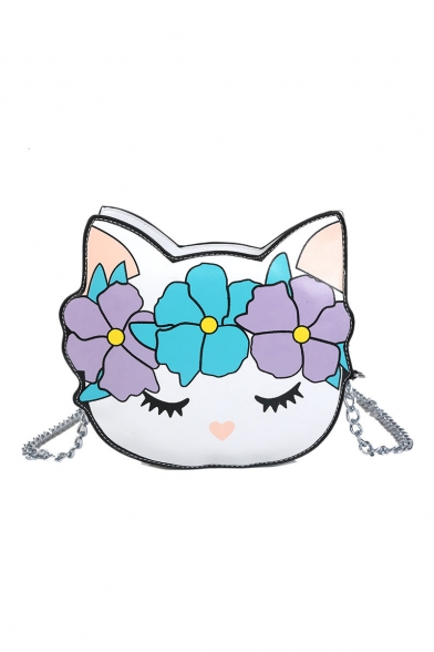 Cute Cartoon Floral Cat Pattern White Crossbody Wallet with Chain Strap 17*6*20 CM