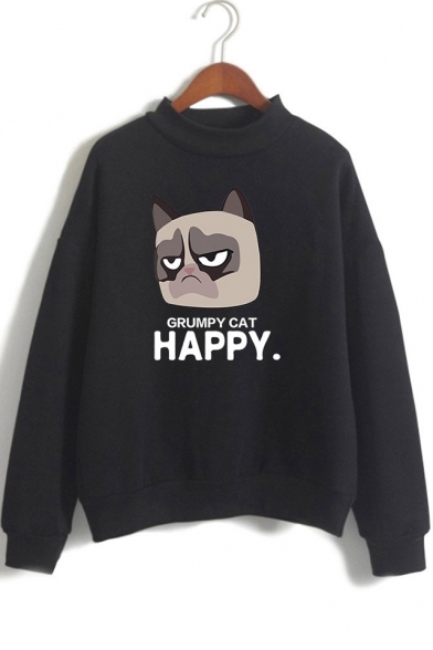 Cute Cartoon Grumpy Cat HAPPY Letter Print Mock Neck Loose Fit Pullover Sweatshirt
