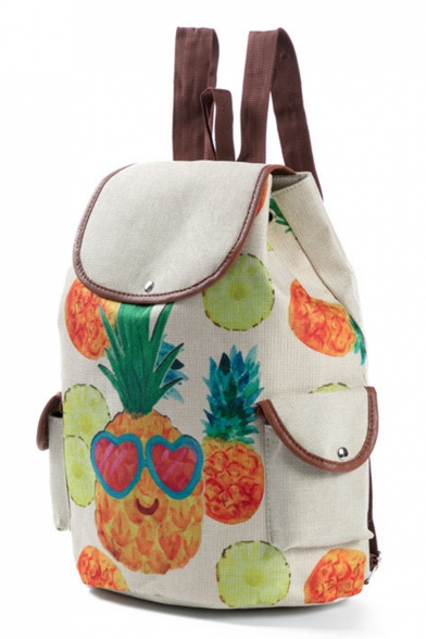 Designer Creative Fruit Pattern Beige Drawstring School Backpack with Side Pockets 28*11*39 CM
