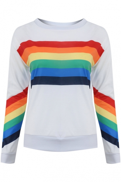 Fashion Colorful Stripe Printed Round Neck Long Sleeve White Pullover Sweatshirt