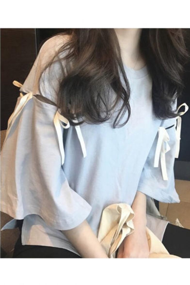 Fashion Hollow Out Bow-Tied Bell Sleeve Solid Color Relaxed T-Shirt