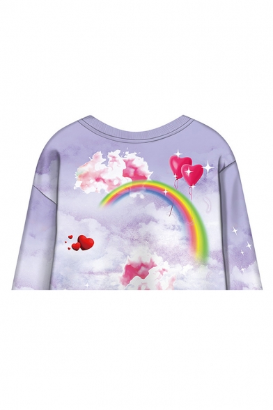Fashion Rainbow Sky Unicorn Printed Round Neck Long Sleeve Cropped Purple Sweatshirt