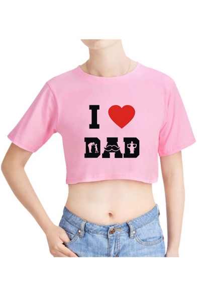 Father's Day Fashion Heart Letter I LOVE DAD Print Casual Crop T-Shirt