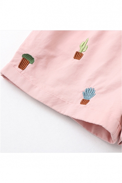 Girls Summer Cute Cactus Embroidery Rolled Cuff High Rise Pink Shorts