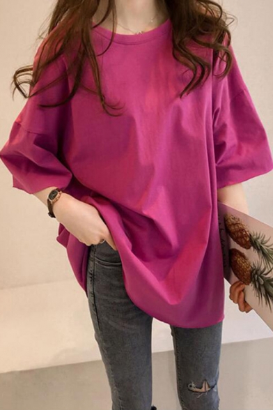 Girls Summer Fashion Candy Color Simple Plain Round Neck Oversized T-Shirt