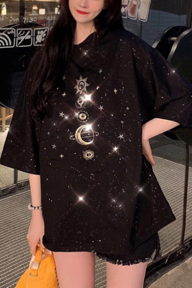 Girls Summer Stylish Glitter Moon Star Pattern Round Neck Oversized Longline T-Shirt
