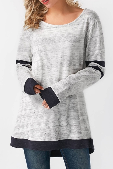 Gray Long Sleeve Round Neck Color Block Stripe Patched Tunic T-Shirt