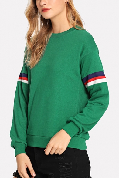 Green Stripe Patched Long Sleeve Round Neck Sweatshirt