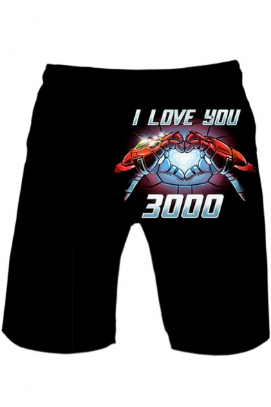 Guys Cool Iron Hand Heart Letter I LOVE YOU 3000 Drawstring Waist Black Sport Loose Sweat Shorts