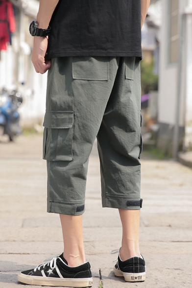 Guys Fashion Simple Plain Drawstring Waist Velcro Cuff Cropped Casual Pants Trousers