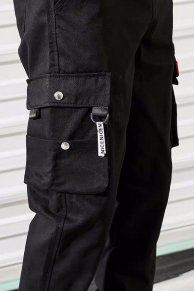 Guys Street Fashion Simple Plain Black Fitted Cargo Pants