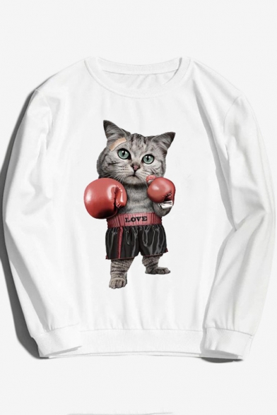 Hip Hop Style LOVE Letter Cartoon Boxing Cat Printed Round Neck Long Sleeve Sweatshirt