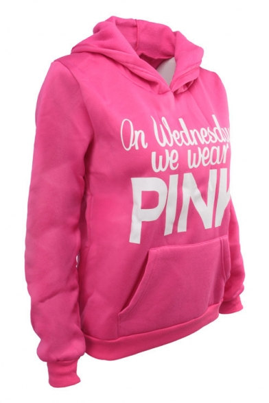 IN WEDNESDAYS WE WEAR PINK Letter Print Loose Fit Pullover Rose Red Hoodie