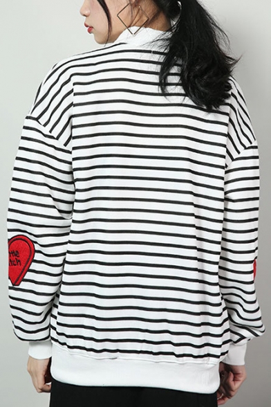 Letter LITTLE BITCH Heart Patched Long Sleeve Striped Printed High Neck Loose Fit Pullover Sweatshirt