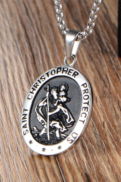 Letter Saint Christopher Protect Us Alien Silver Titanium Necklace