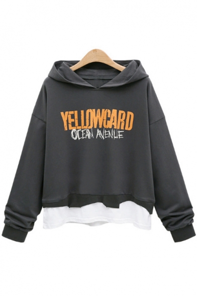Letter YELLOWCARD Patched Fake Two-Piece Long Sleeve Casual Relaxed Dark Grey Hoodie