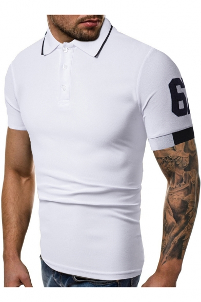 Men's Fashion Plain Number Embroideried Tipped Collar Short Sleeve Slim Fit Polo Shirt