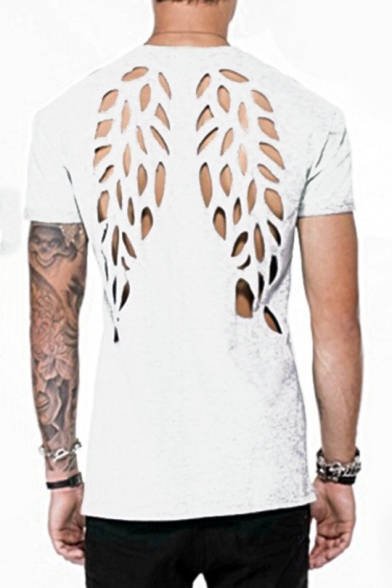 Mens Summer Cool Hollow Out Wing Back Basic Round Neck Short Sleeve Relaxed Tee