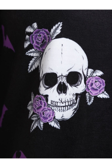 New Stylish Bat Floral Skull Print Round Neck Long Sleeve Black Pullover Sweatshirt