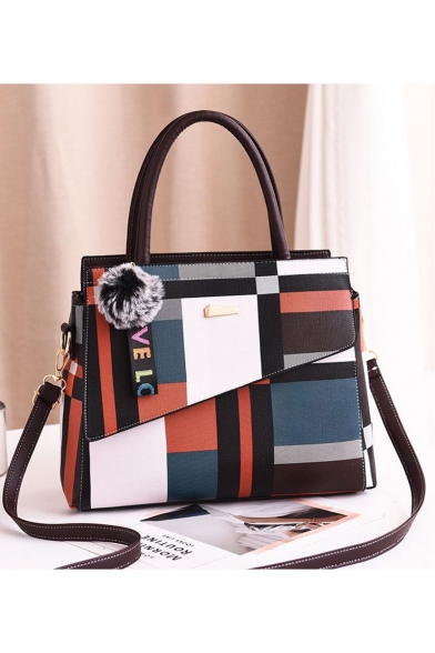 New Stylish Color Block Plaid Pattern Commuter Tote Handbag 33*13*25 CM