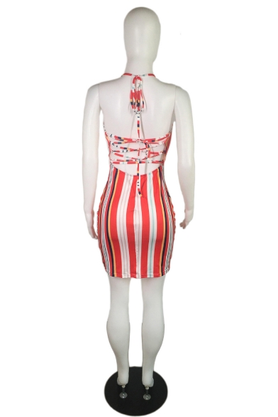 New Stylish Colorblock Rainbow Stripe Printed Halter Sleeveless Strappy Open Back Mini Bodycon Dress
