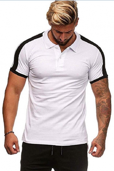 New Stylish Patched Shoulder Colorblock Short Sleeve Slim Fit Polo Shirt for Men