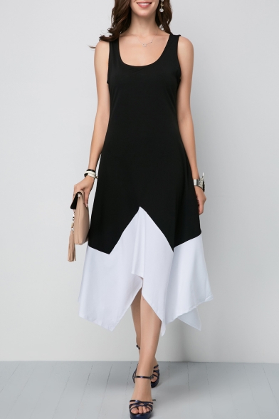 New Stylish Scoop Neck Sleeveless Colorblock Midi Asymmetric Black Dress For Women