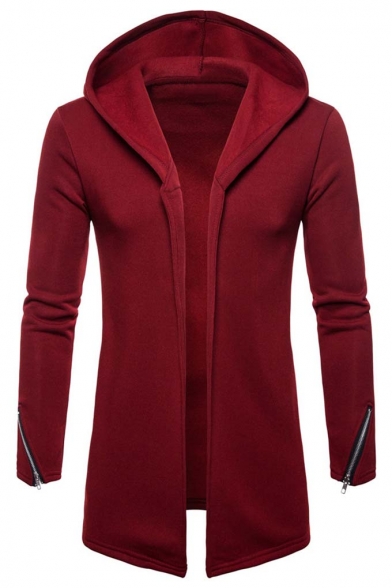 New Stylish Simple Plain Long Sleeve Casual Open-Front Zipper Detail Casual Longline Hoodie