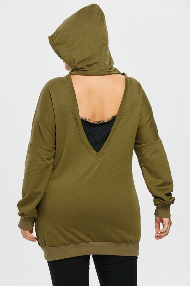 New Stylish Women's Tie Hood Cut Out V-Neck Long Sleeve Army Green Loose Fit Bandeau Hoodie