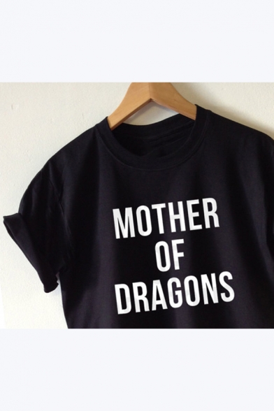 New Trendy MOTHER OF DRAGONS Letter Printed Short Sleeve Round Neck T-Shirt For Women