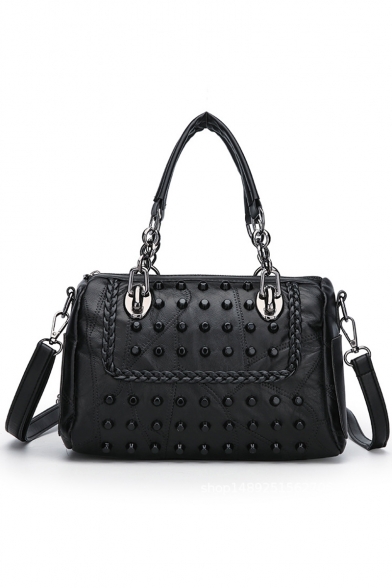 New Trendy Solid Color Rivet Embellishment Black Leather Satchel Handbag Shoulder Bag 26*12*16 CM