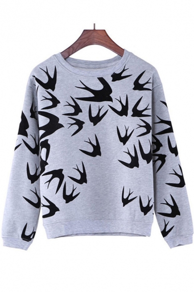 Popular Allover Swallow Pattern Round Neck Long Sleeve Grey Pullover Sweatshirt