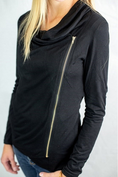 Popular Cowl Neck Long Sleeve Side Zip Up Simple Plain Casual Sweatshirt