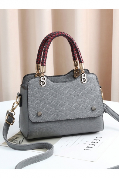 Popular Fashion Solid Color Sewing Thread Button Embellishment Top Handle Satchel Handbag 22*11*17 CM
