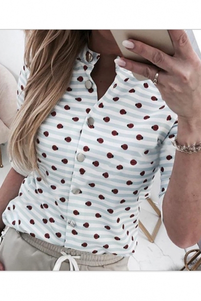 Popular Polka Dot Pattern Button Down Casual White Blouse Shirt