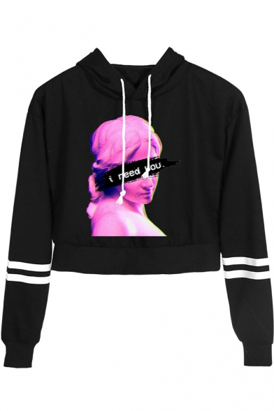 Popular Vaporwave Funny Figure Letter I NEED YOU Striped Long Sleeve Cropped Hoodie