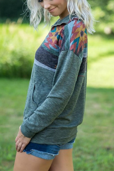 Retro Tribal Printed Half-Zip Lapel Collar Long Sleeve Casual Loose Sweatshirt with Pocket
