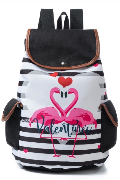 Stylish Letter Stripe Flamingo Printed Black Drawstring Backpack with Side Pockets 28*11*39 CM