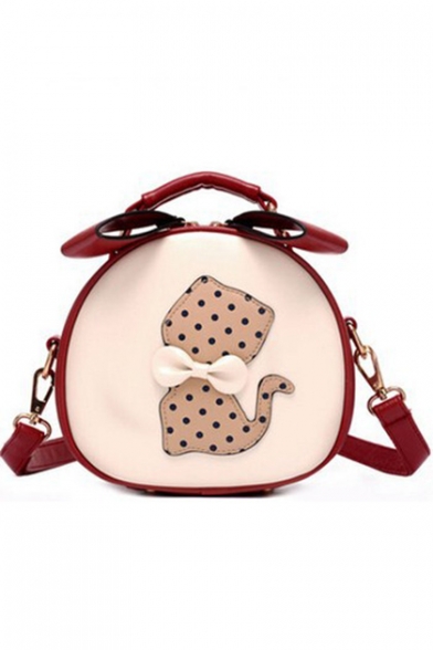 Stylish Polka Dot Cat Pattern Bow Embellishment Round Crossbody Bag