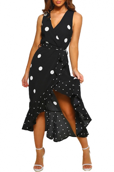 Stylish Sleeveless V-Neck Polka Dot Print Tie Waist Midi Asymmetric Black Dress For Women
