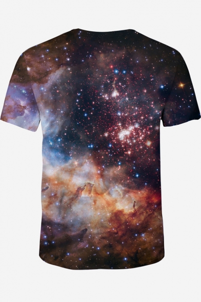 Summer Chic Universe Starry Galaxy Pattern Short Sleeve Round Neck T-Shirt