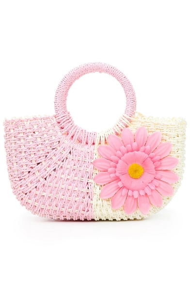 Summer Fashion Color Block Flower Embellishment Straw Beach Bag Tote 26*8*15 CM