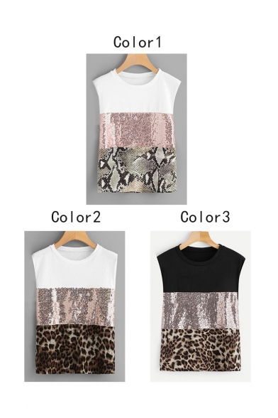 Summer Girls Chic Sequined Patchwork Round Neck Sleeveless Casual Loose Tank Top