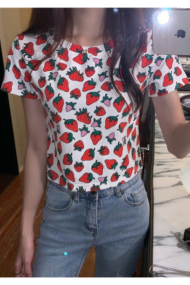 Summer Girls Cute Allover Strawberry Printed Round Neck Short Sleeve White Crop T-Shirt