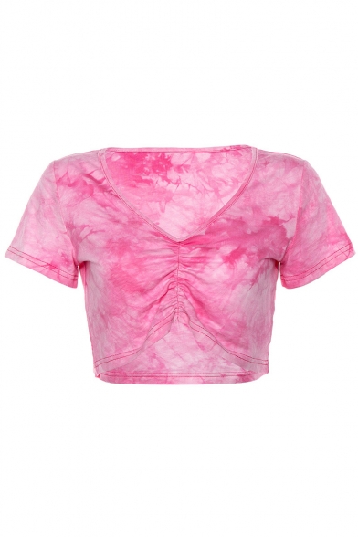 Summer Hot Fashion V-Neck Short Sleeve Ink Print Pleated Cropped Pink T-shirt