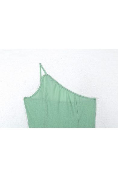 Summer Popular Green Solid Color One Shoulder Sleeveless Sexy Split Side Maxi Sheer Mesh Dress