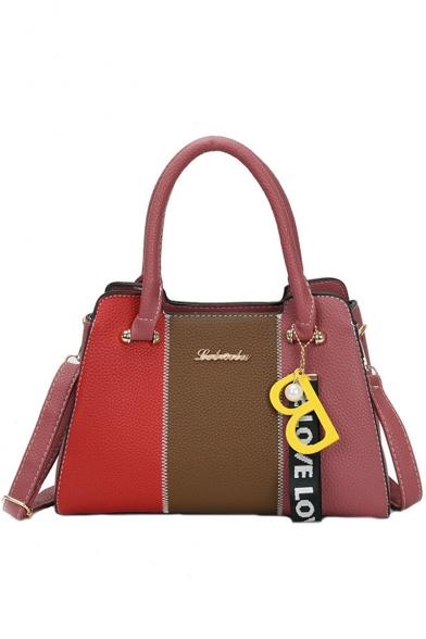 Trendy Color Block Letter Ribbon Embellishment Work Satchel Shoulder Handbag for Women 29*14*22 CM