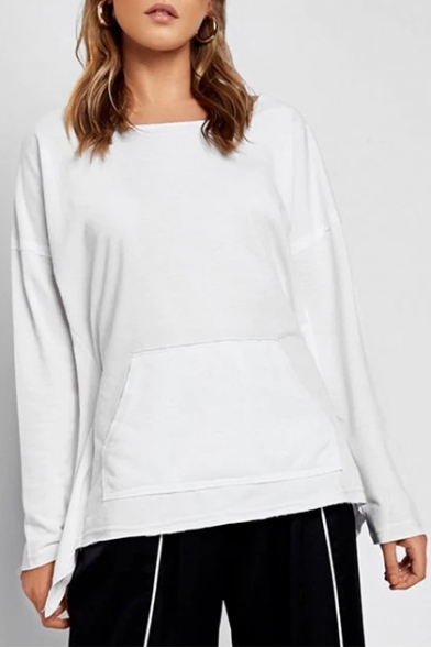 Trendy Hollow Out Tied Back Round Neck Long Sleeve Casual Loose White Sweatshirt