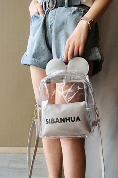 Unique SIBANHUA Letter Print Cartoon Ear Embellished Transparent Multifunction Shoulder Bag Backpack 26*21*10 CM