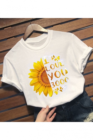 Unique Sunflower Letter I LOVE YOU 3000 Pattern Short Sleeve White T-Shirt